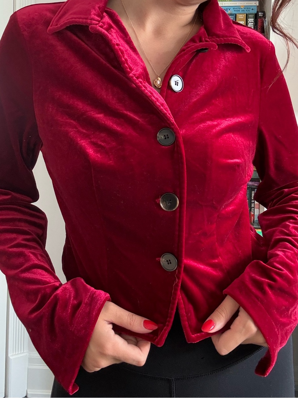 Velvet Button-Front Jacket in Deep Red - Picture 2 of 3